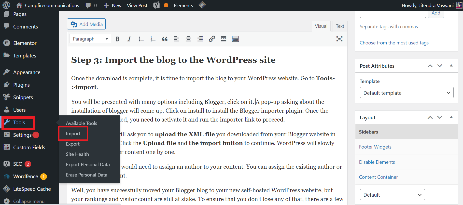 import wordpress blog