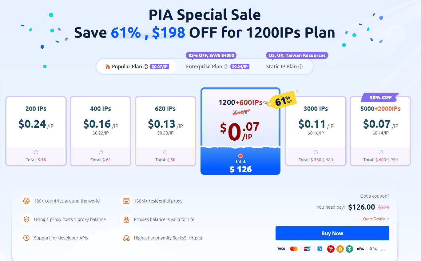 Pia S5 Proxy Popular Plan